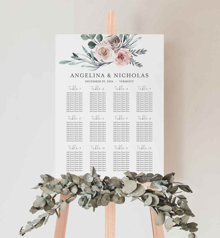 Boho Rose Wedding Seating Chart Sign Printable