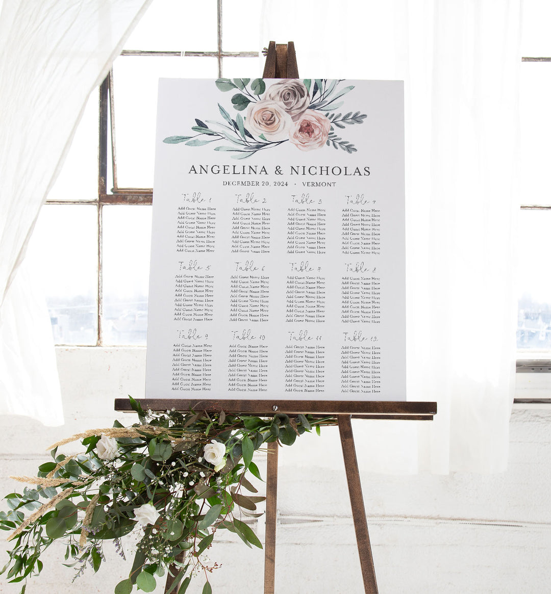 Boho Rose Wedding Seating Chart Sign Printable