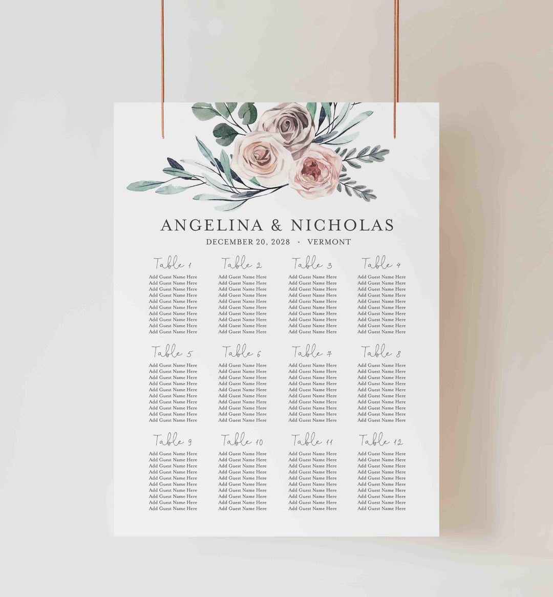 Boho Rose Wedding Seating Chart Sign Printable