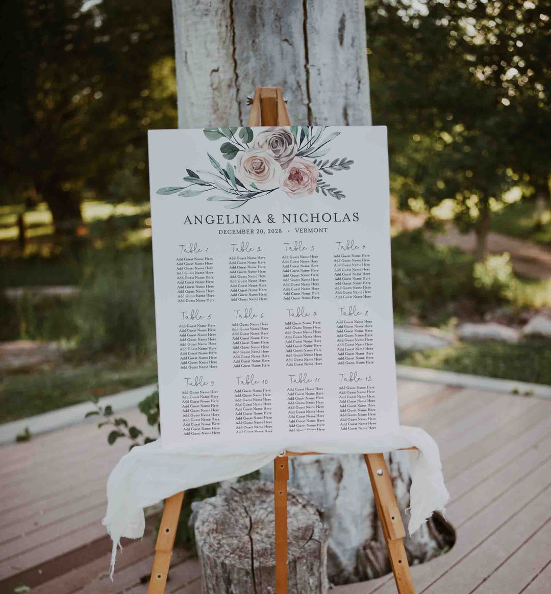 Boho Rose Wedding Seating Chart Sign Printable