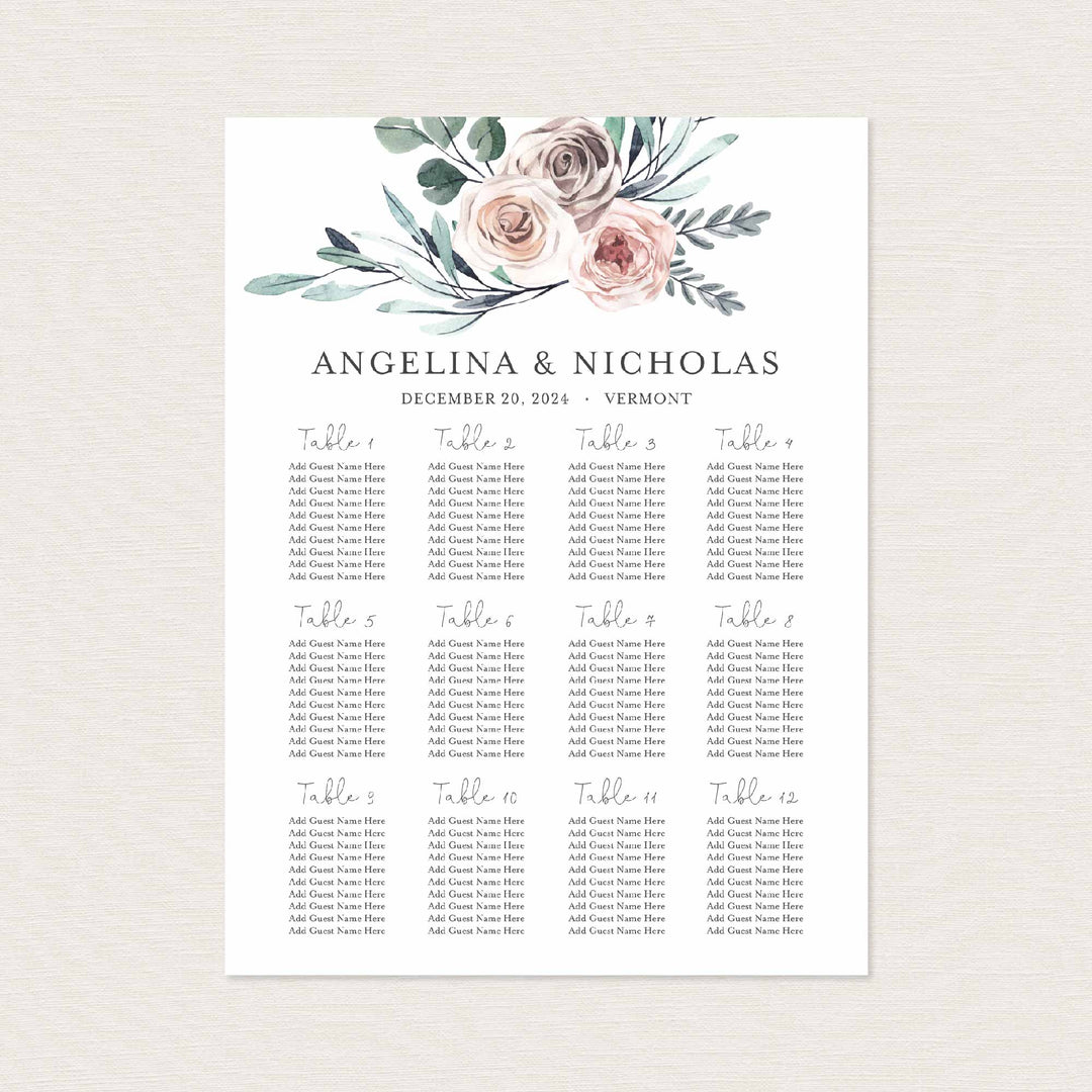 Boho Rose Wedding Seating Chart Sign Printable