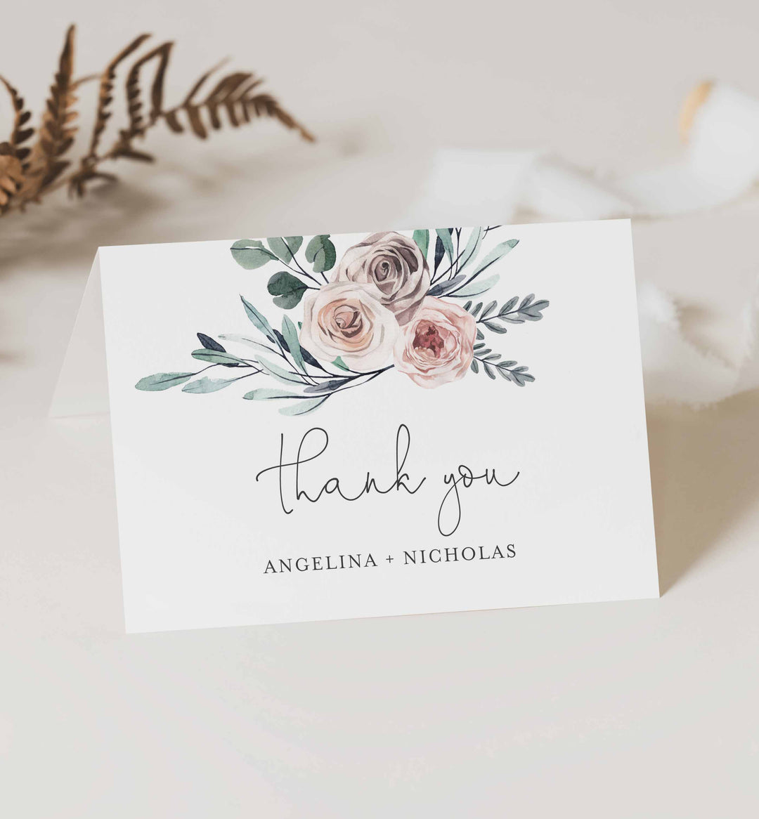 Boho Rose Wedding Thank You Card Printable