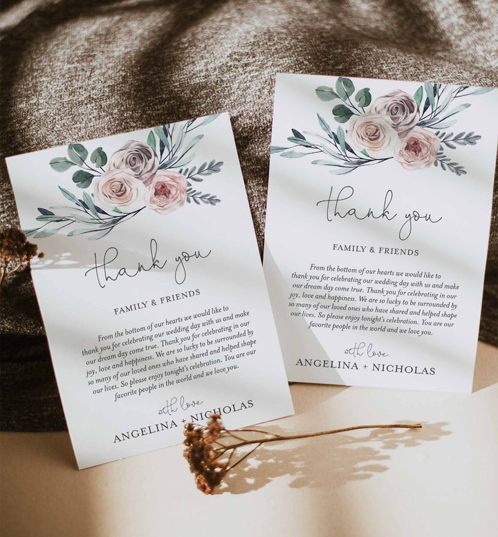 Boho Rose Wedding Thank You Note Printable