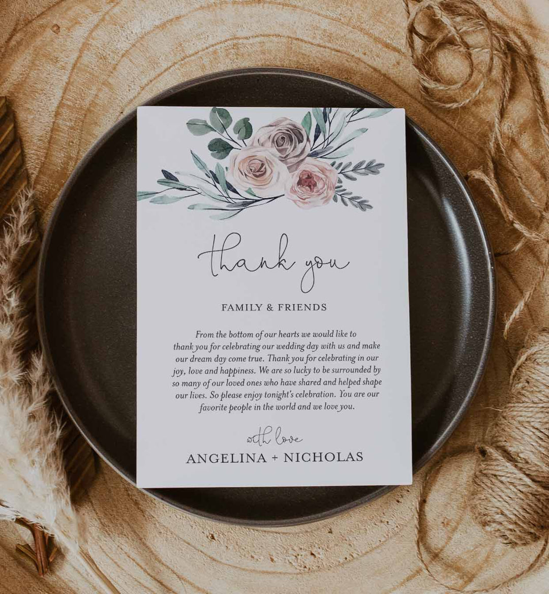 Boho Rose Wedding Thank You Note Printable