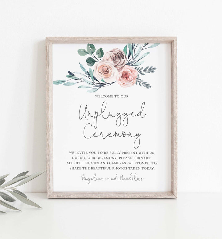 Boho Rose Wedding Unplugged Ceremony Sign Printable