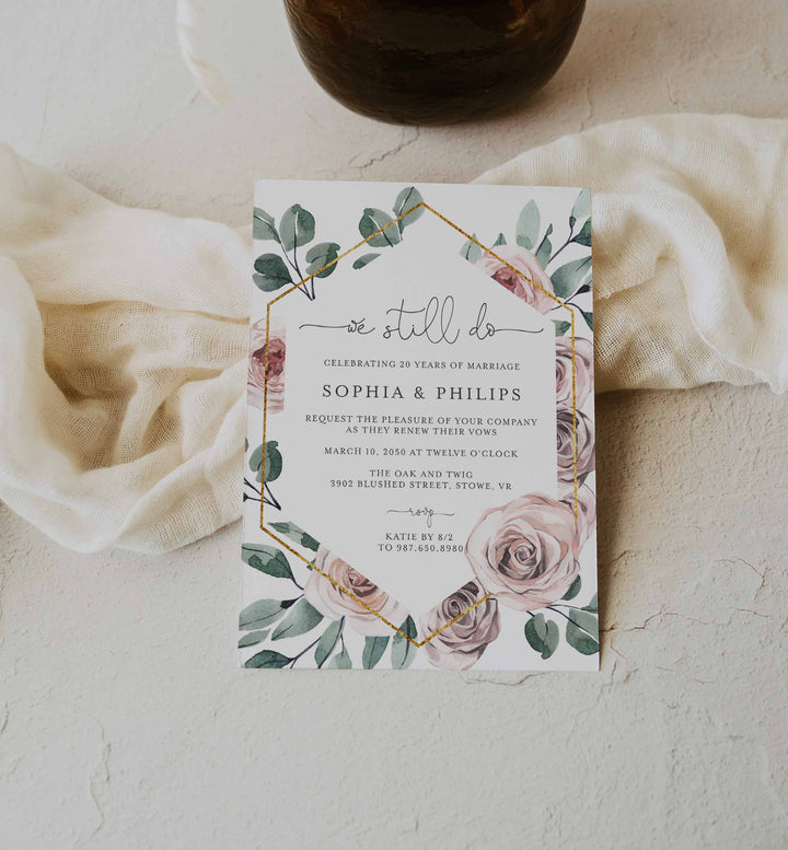 Boho Rose Wedding Vow Renewal Invitation Printable