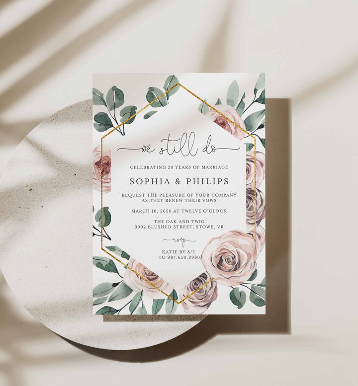 Boho Rose Wedding Vow Renewal Invitation Printable
