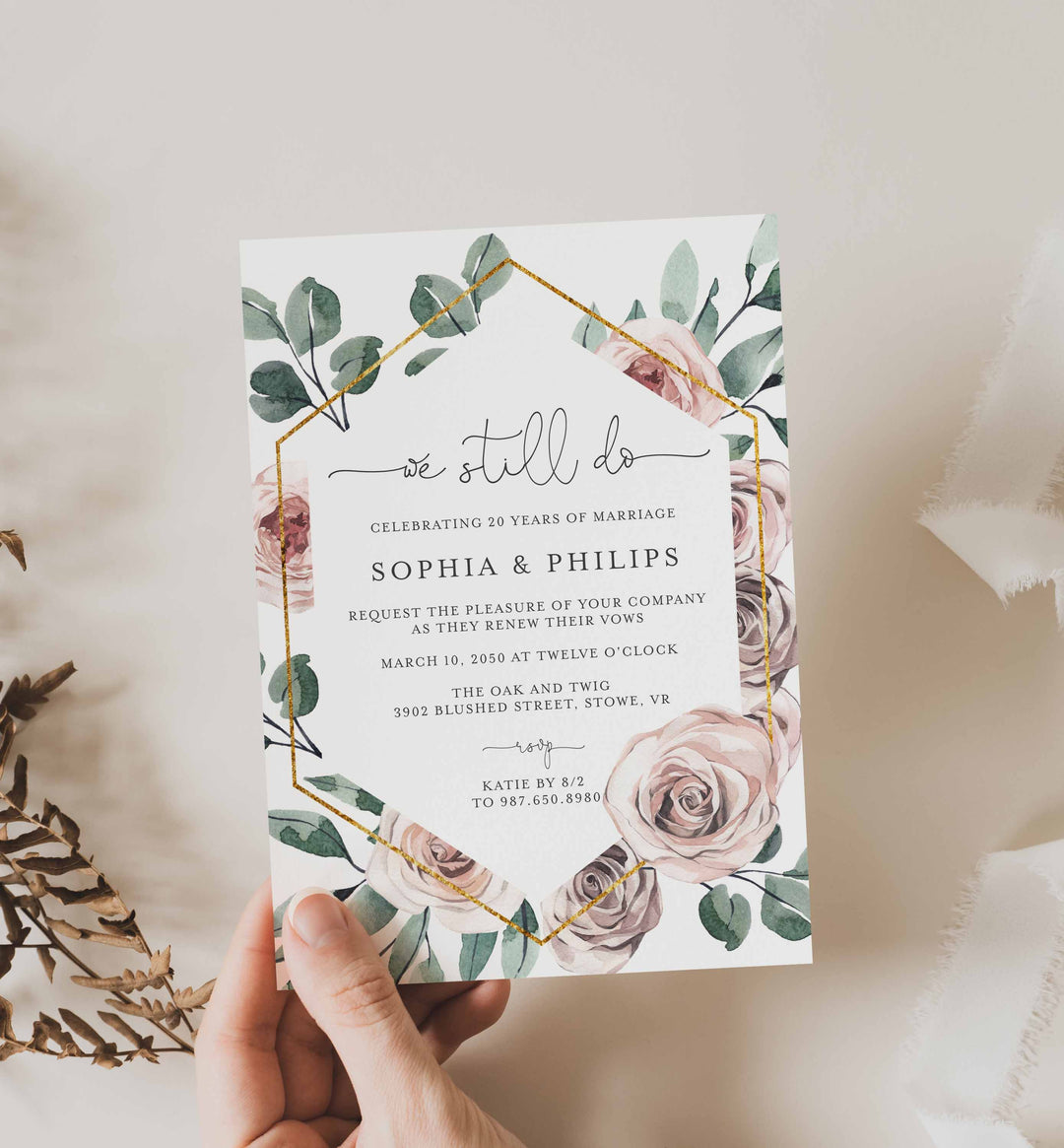 Boho Rose Wedding Vow Renewal Invitation Printable