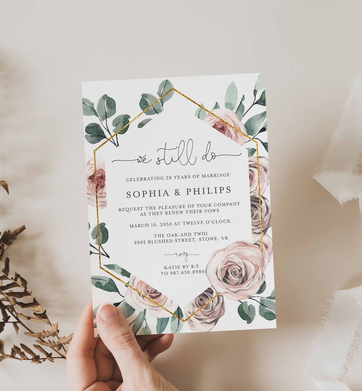 Boho Rose Wedding Vow Renewal Invitation Printable