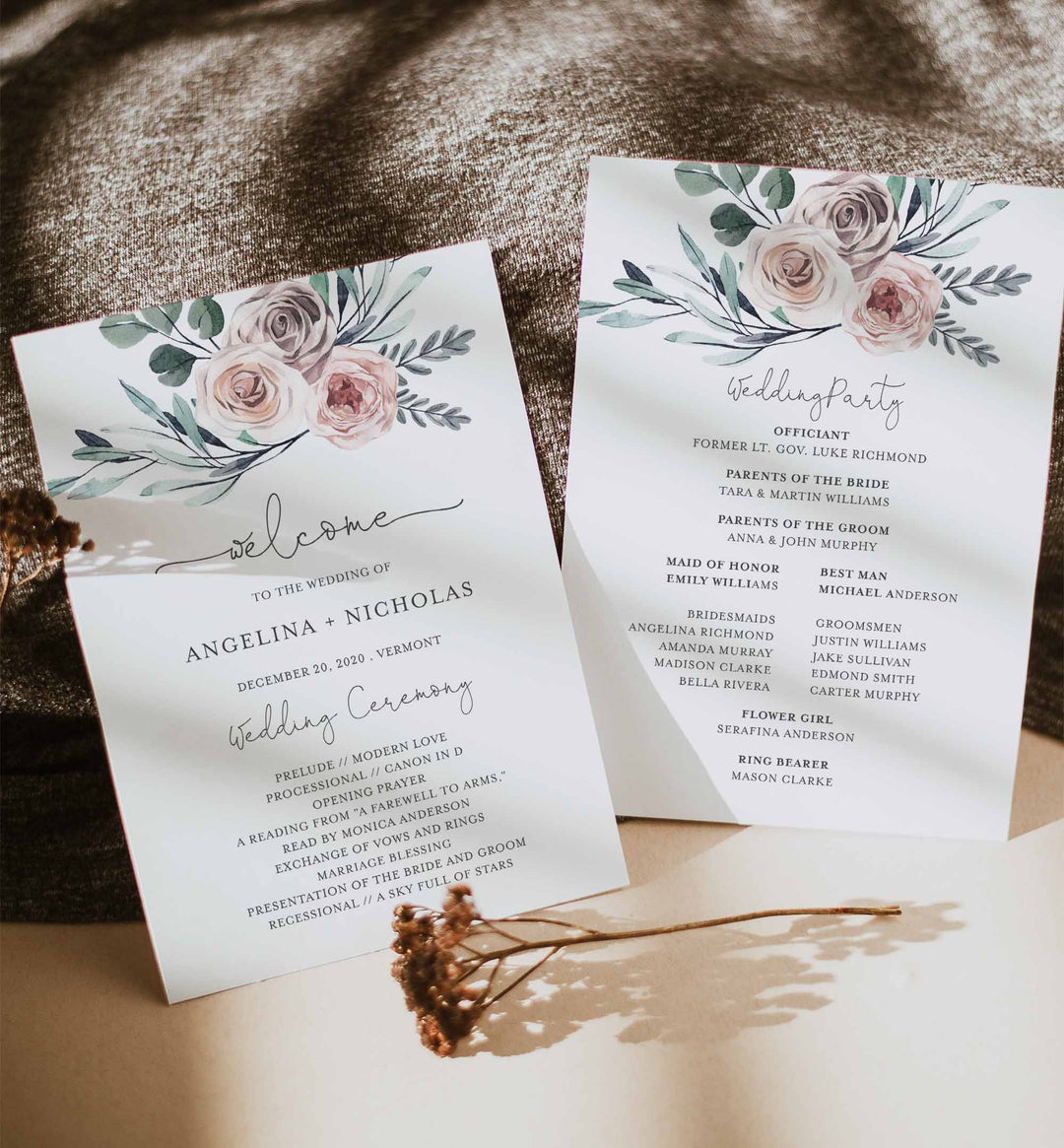 Boho Rose Fan Wedding Program Printable