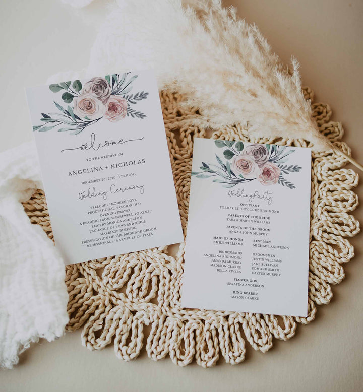 Boho Rose Fan Wedding Program Printable