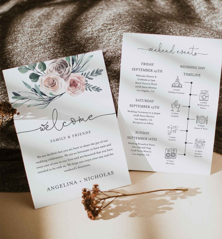 Boho Rose Wedding Welcome Bag Letter and Timeline or Itineraries Printable