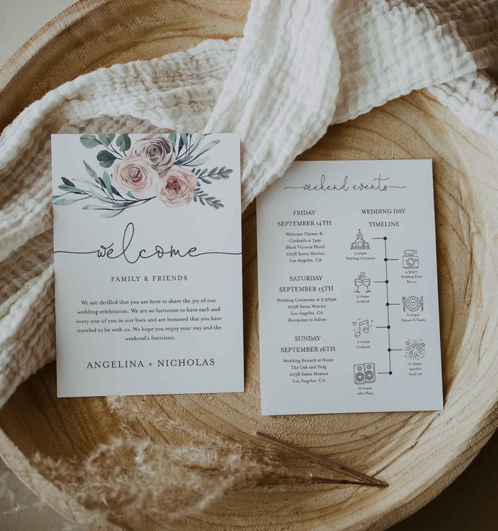 Boho Rose Wedding Welcome Bag Letter and Timeline or Itineraries Printable
