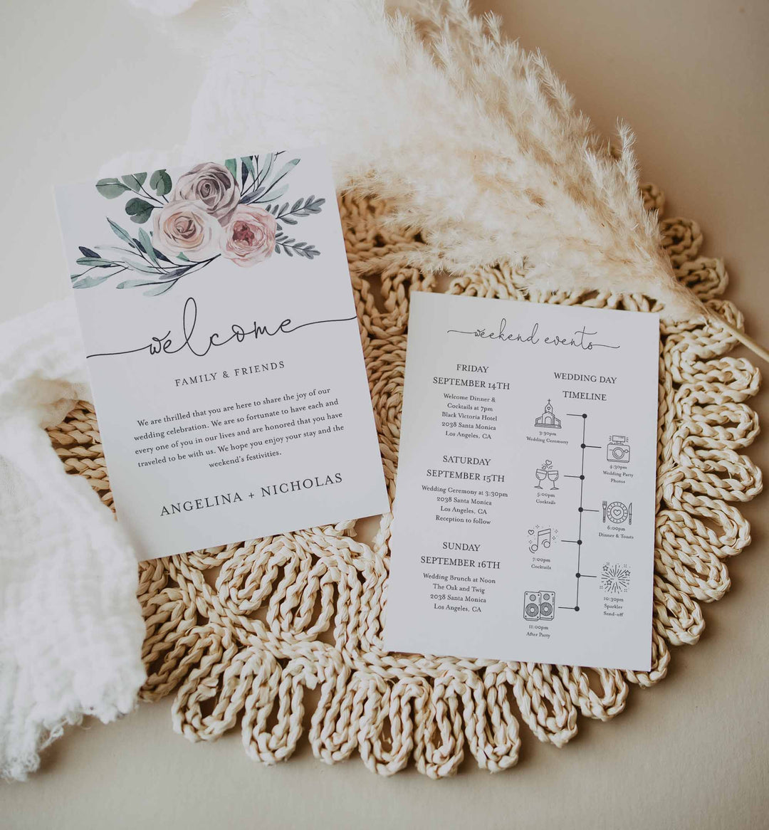 Boho Rose Wedding Welcome Bag Letter and Timeline or Itineraries Printable
