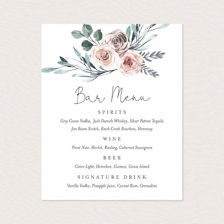Boho Rose Wedding Bar Menu Sign Printable