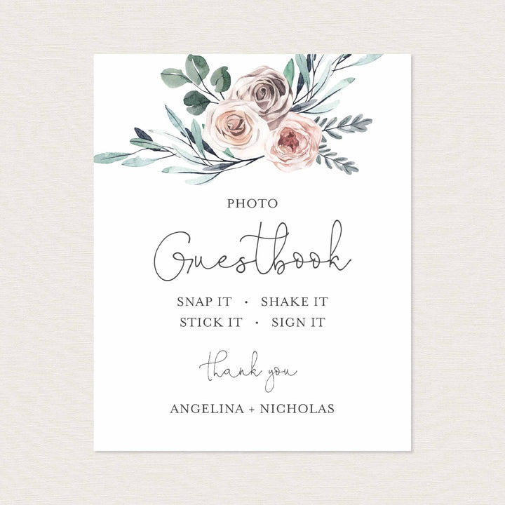 Boho Rose Wedding Photo Guestbook Sign Printable