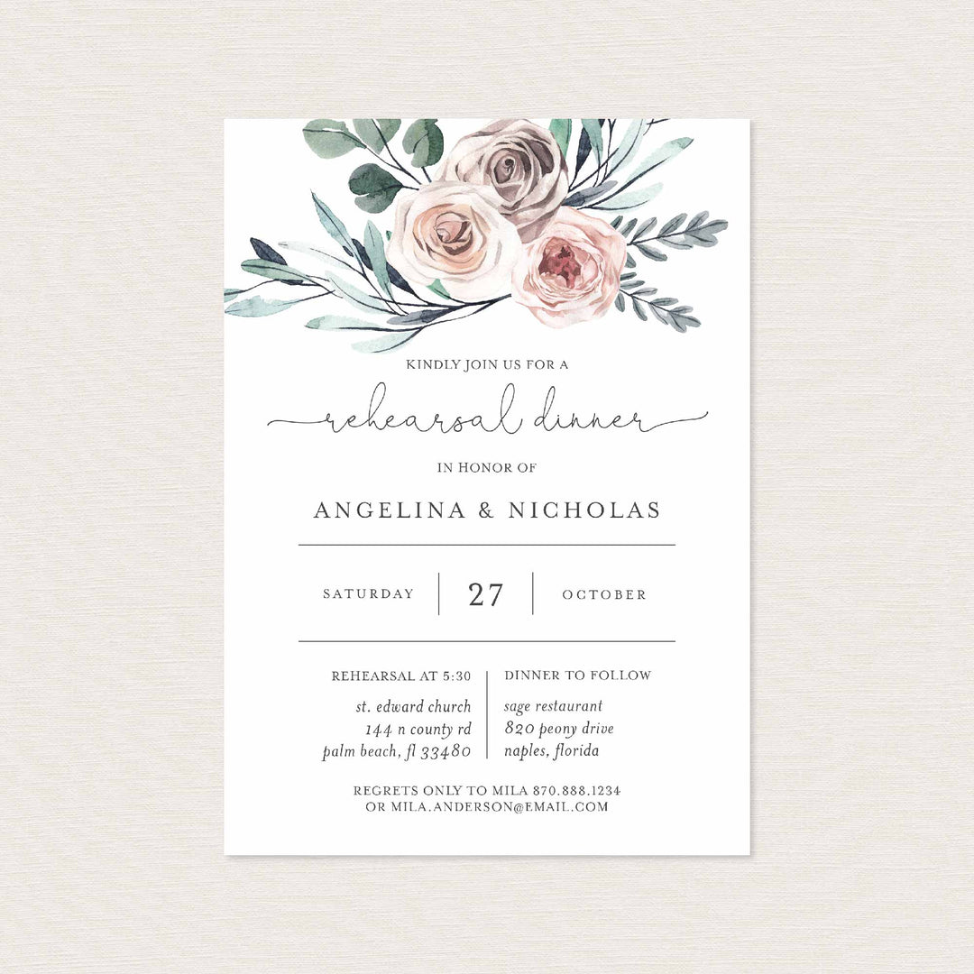 Boho Rose Wedding Rehearsal Dinner Invitation Printable