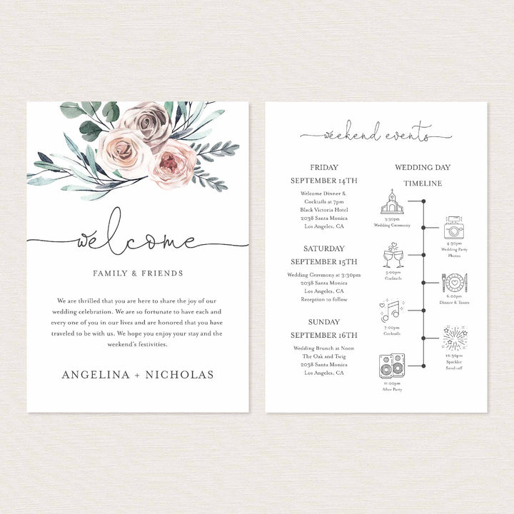 Boho Rose Wedding Welcome Bag Letter and Timeline or Itineraries Printable