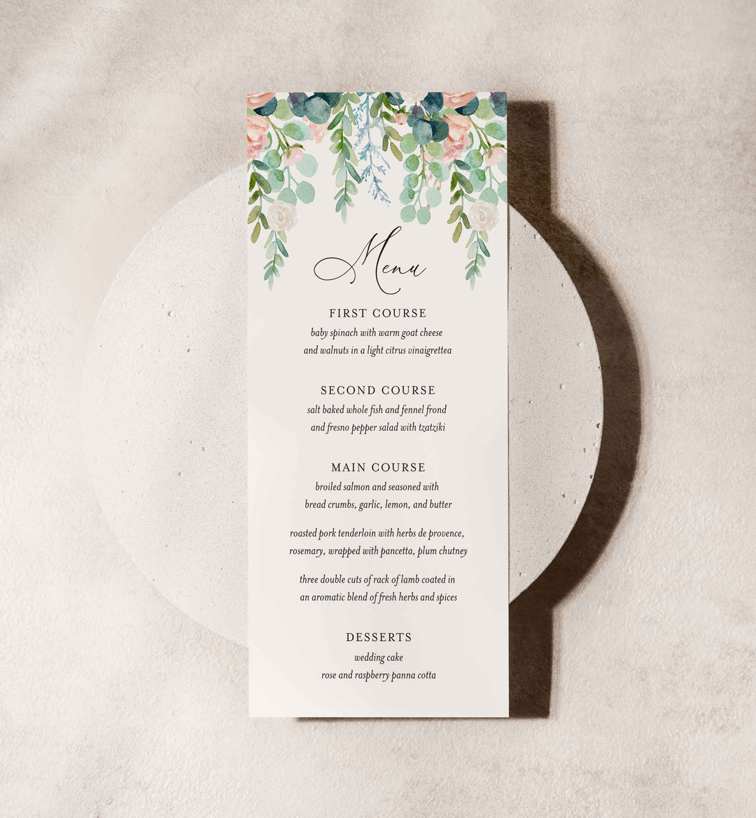 Blush Garden Wedding Menu Card Printable