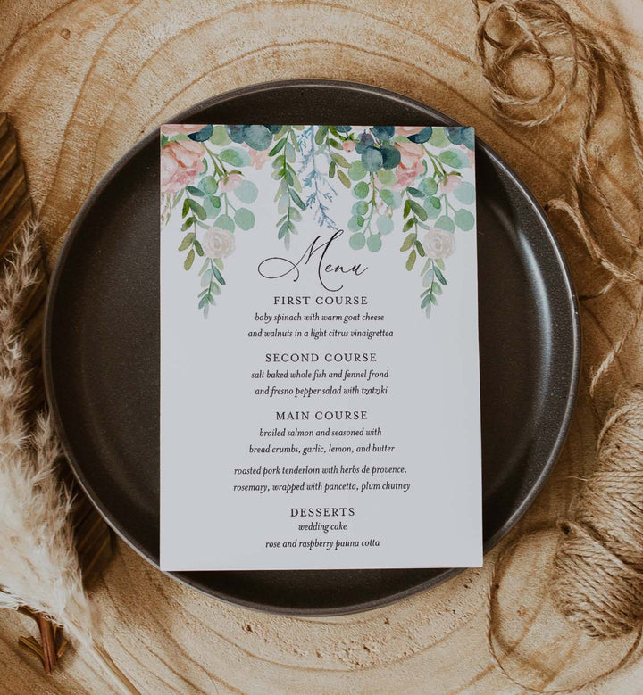 Blush Garden Wedding Menu Card Printable