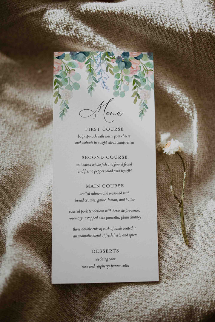 Blush Garden Wedding Menu Card Printable