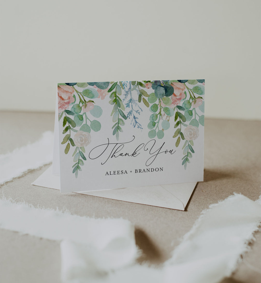 Blush Garden Wedding Thank You Card Printable