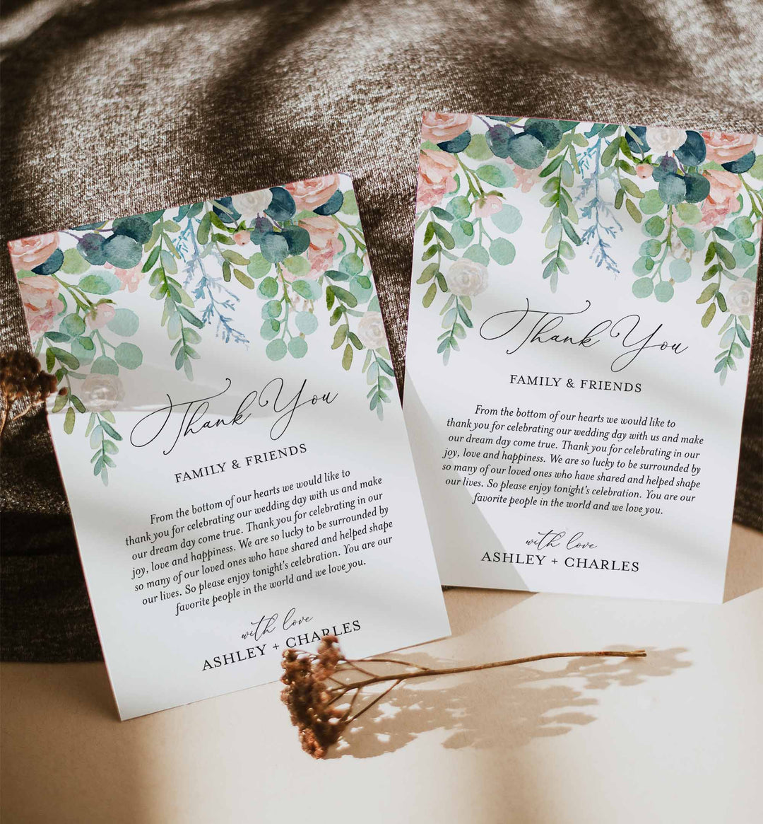 Blush Garden Wedding Thank You Note Printable