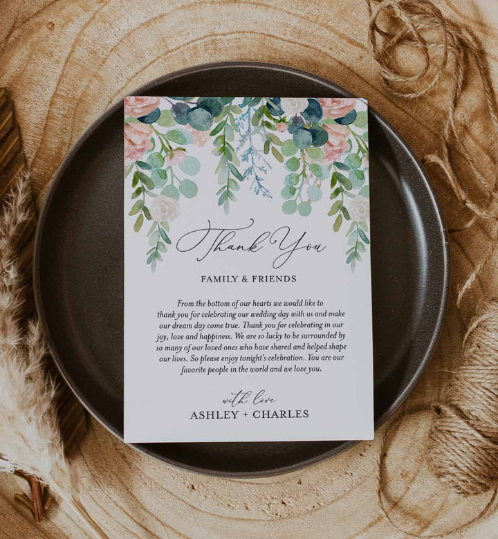 Blush Garden Wedding Thank You Note Printable