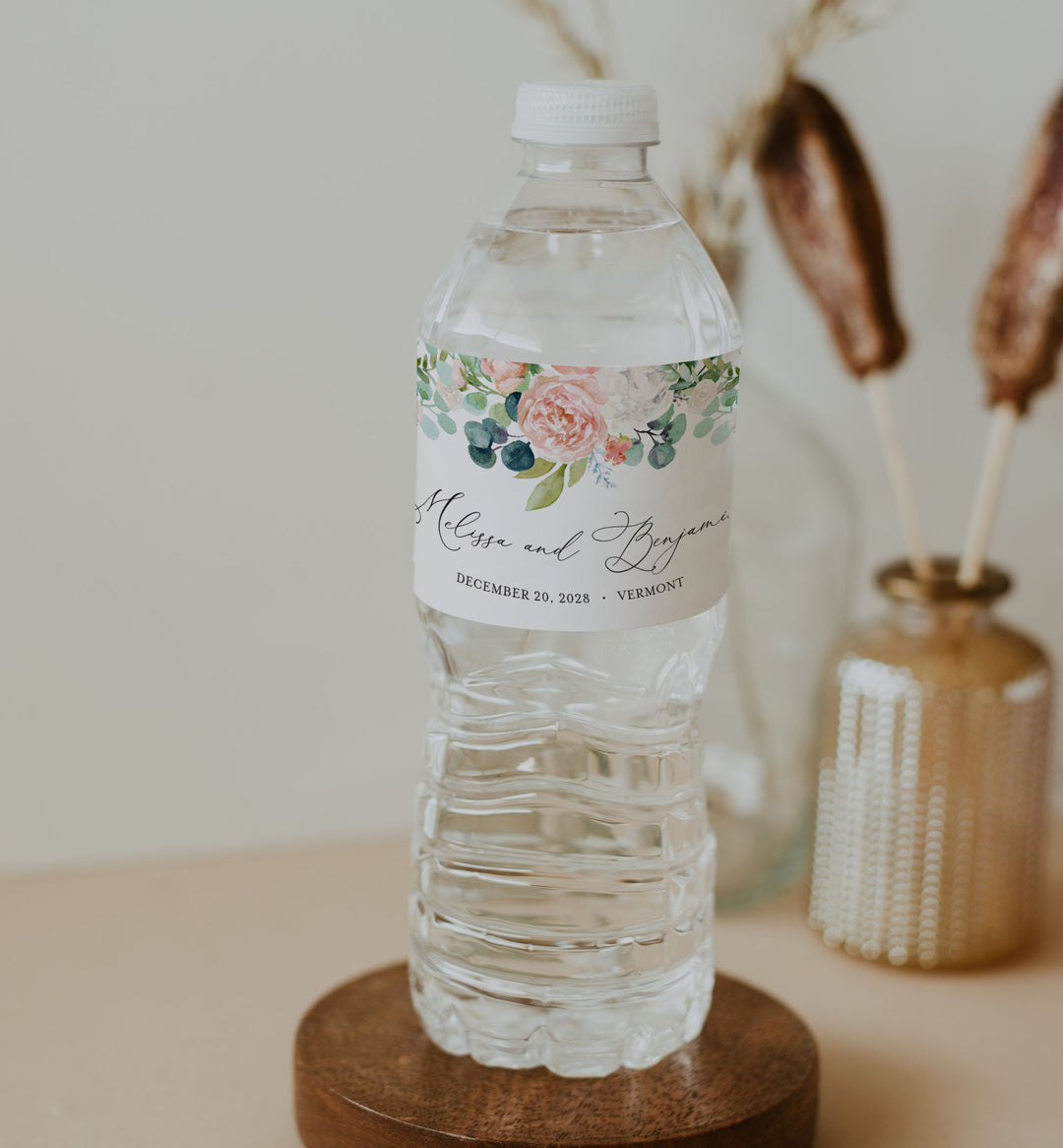 Blush Garden Wedding Water Bottle Label Printable