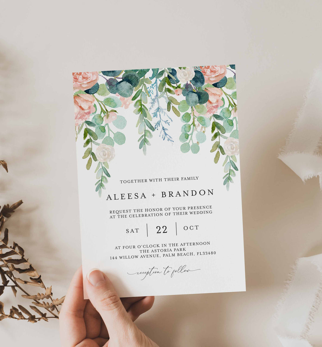 Blush Garden Wedding Invitation Printable