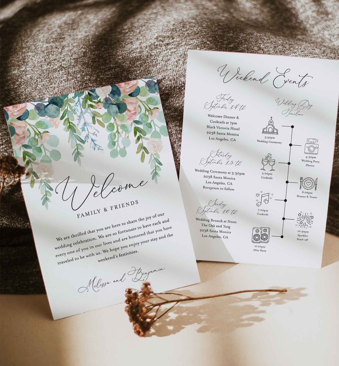 Blush Garden Wedding Welcome Bag Letter and Timeline or Itineraries Printable